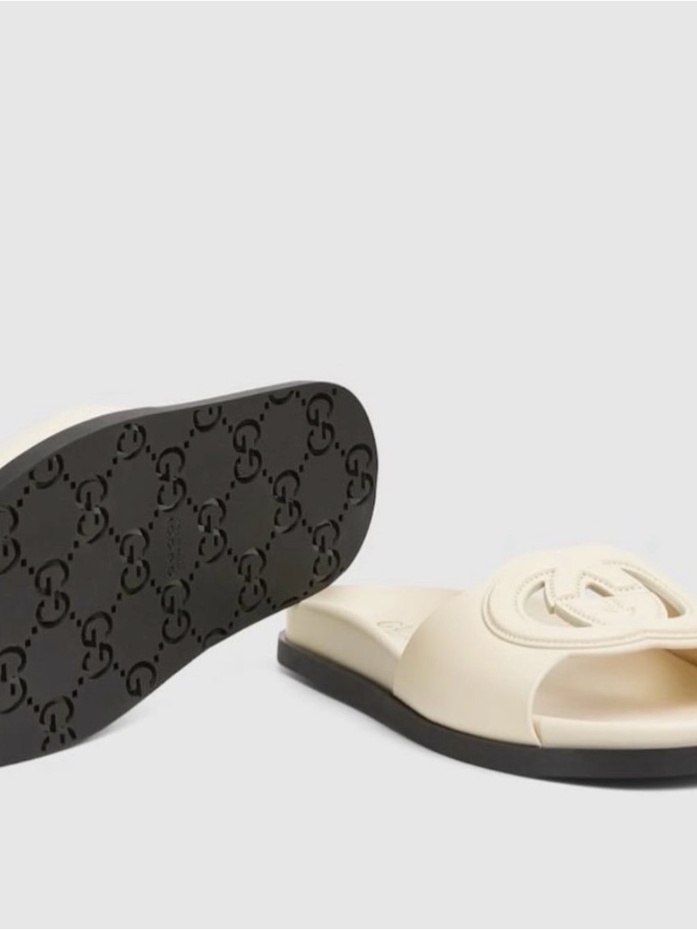 Gucci Cream Leather Logo Slide Sandals with Black Sole